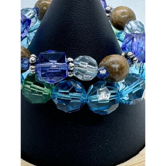 Faceted Blue Green Purple Stretch Bracelets Set With Wooden Beads & Silver Accen - Picture 3 of 6
